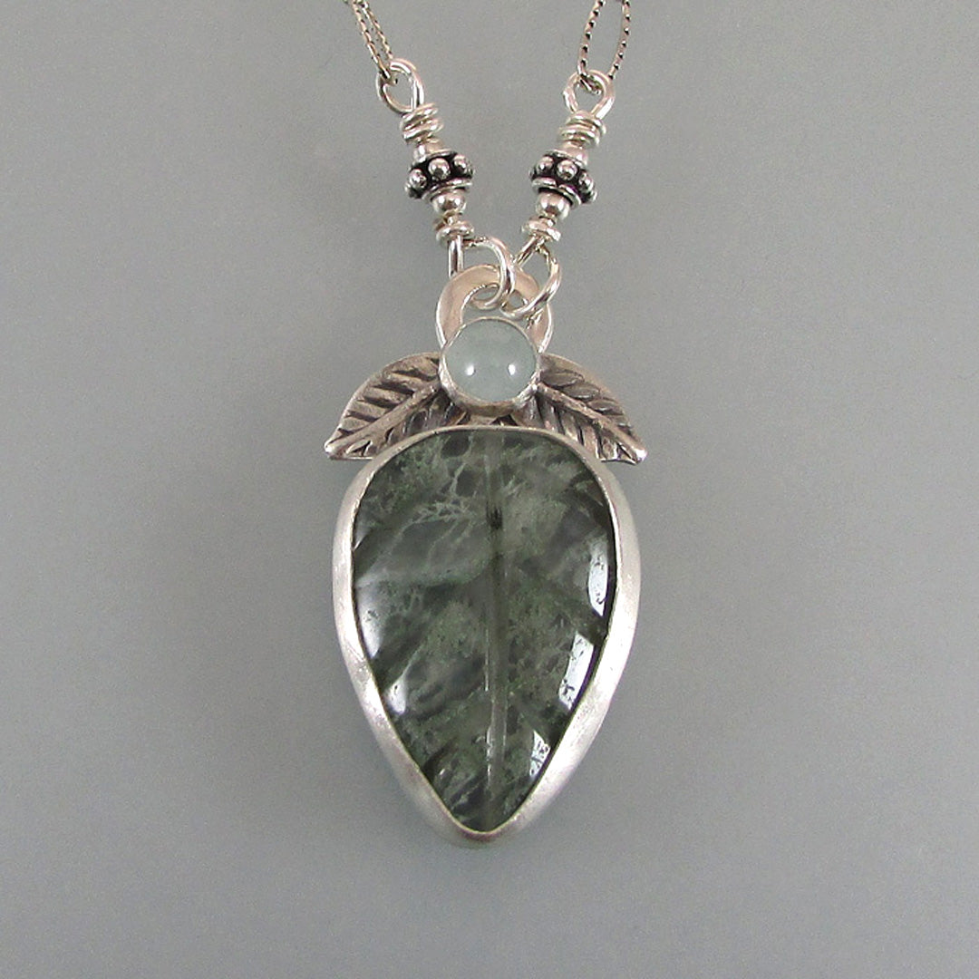 Moss agate leaf necklace with aquamarine in sterling silver 