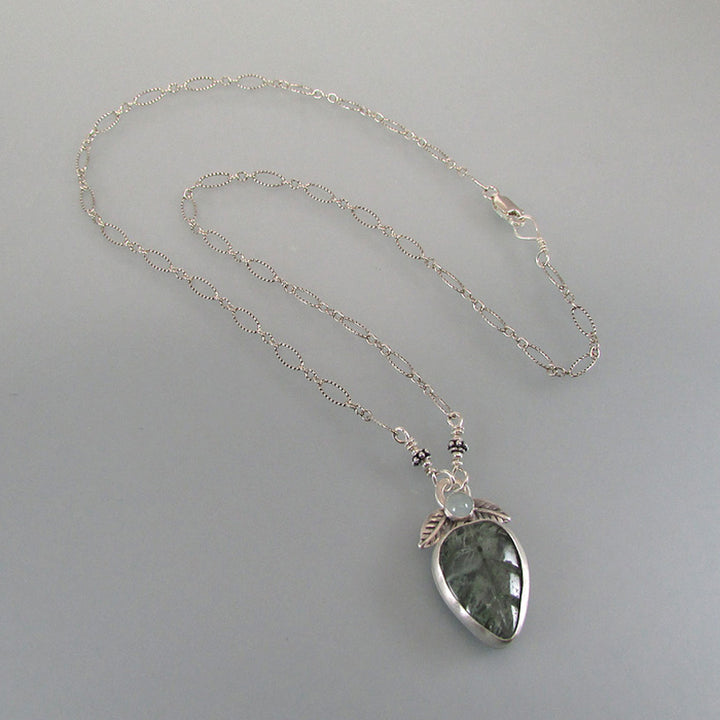 Leaf necklace with aquamarine and moss agate in sterling silver 