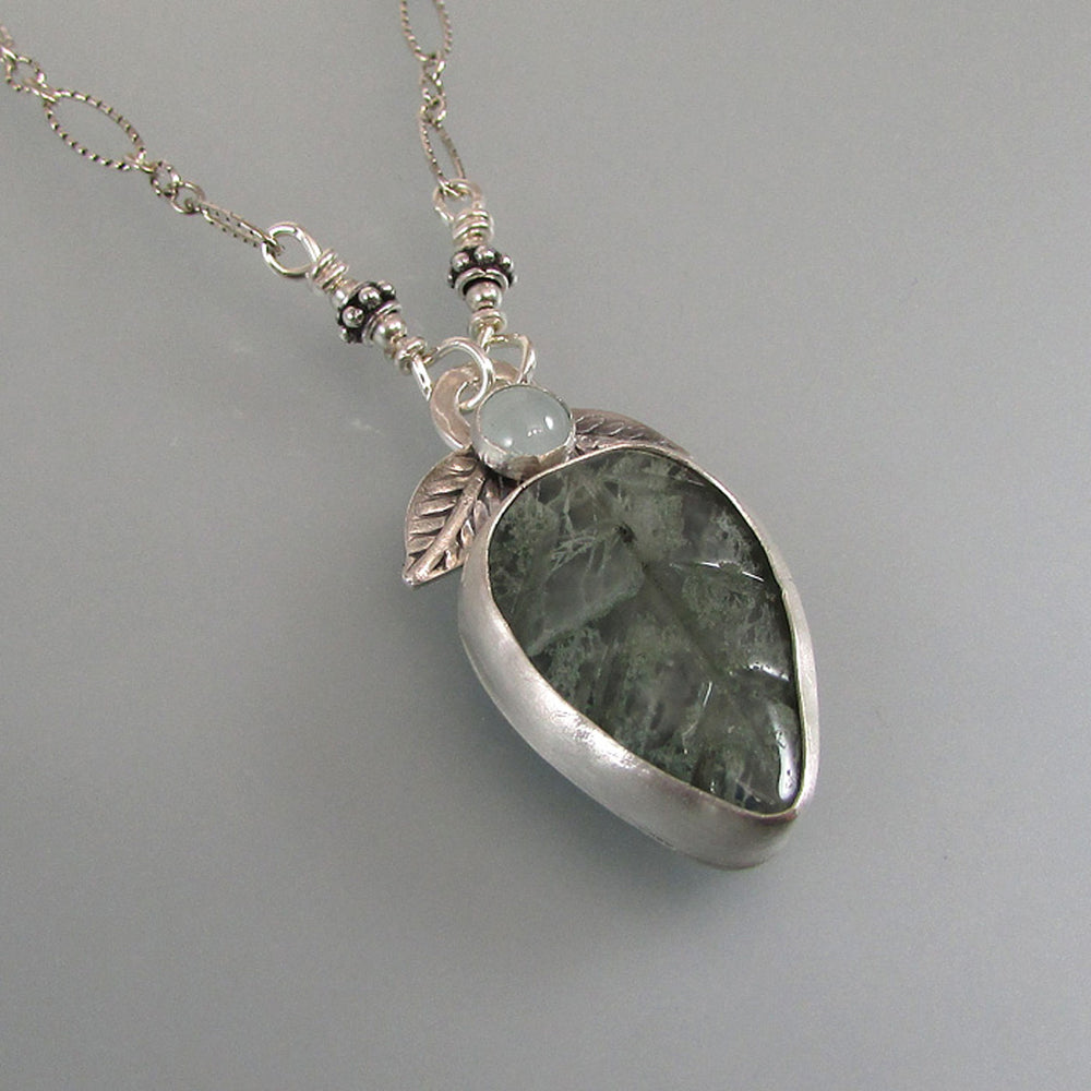 moss agate leaf necklace with aquamarine