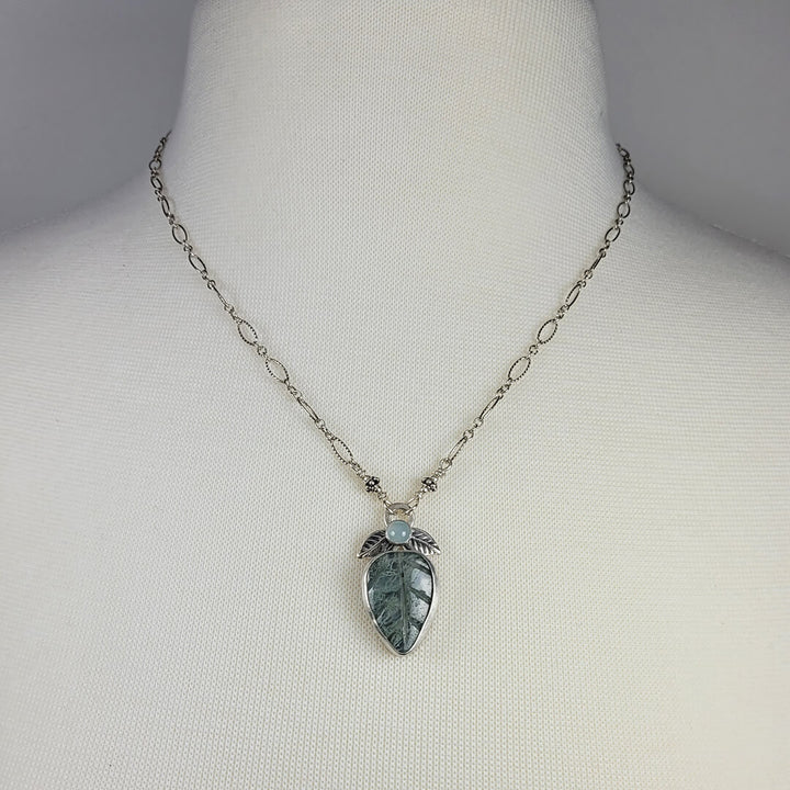 moss agate leaf necklace with aquamarine
