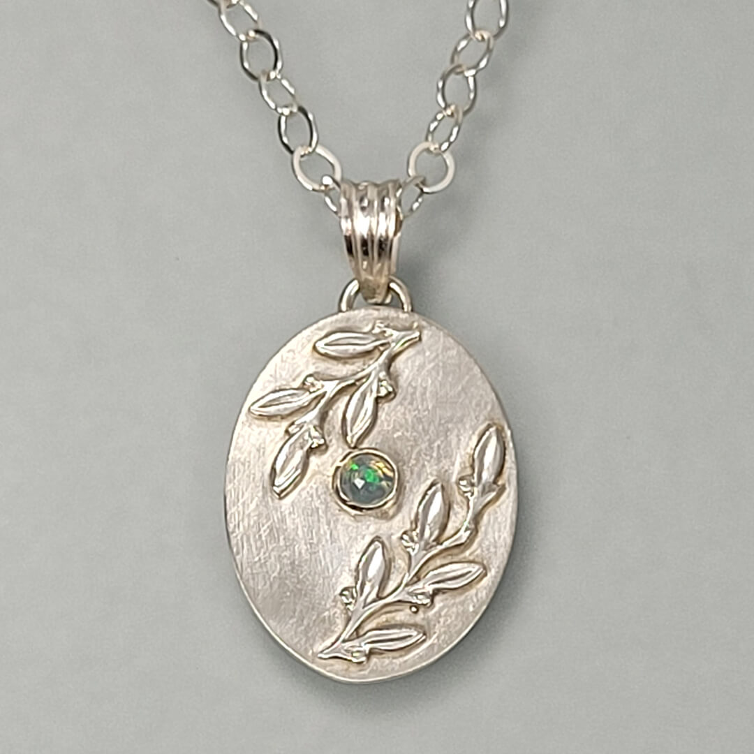 Leaf Bordered Opal Necklace in Sterling Silver