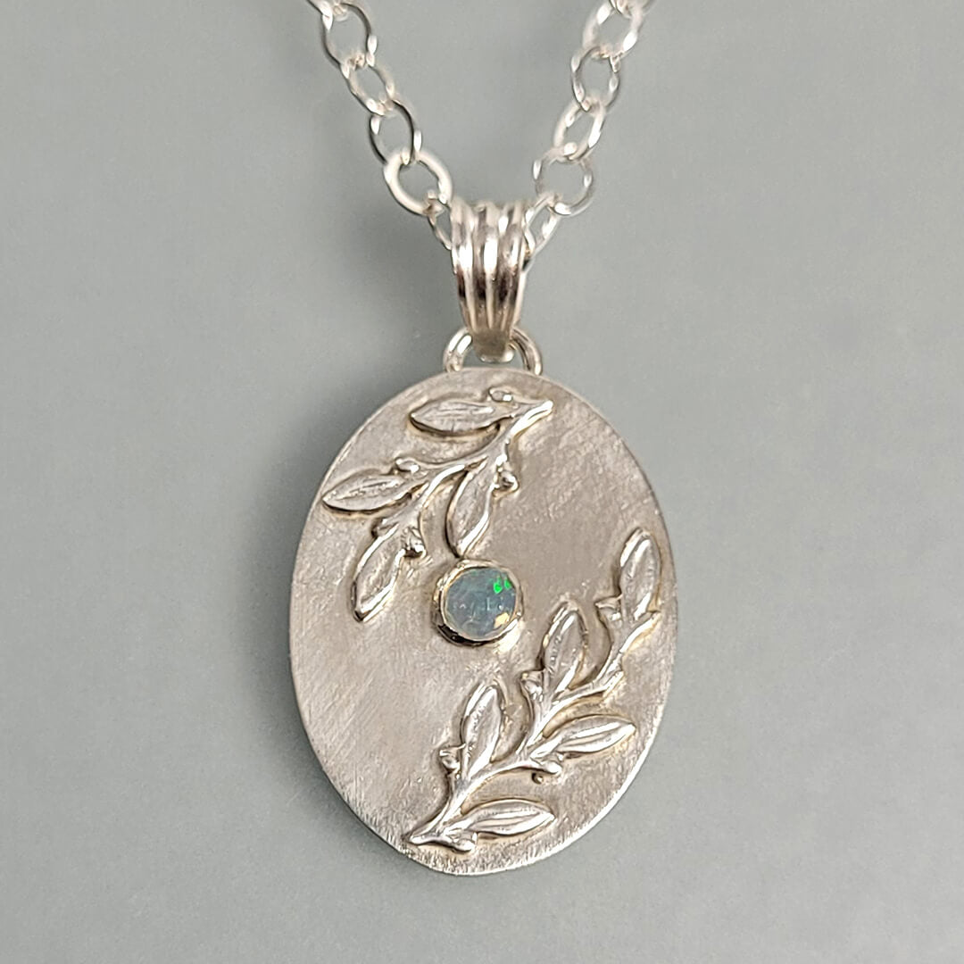 Opal Pendant Necklace with Leaves in Sterling Silver