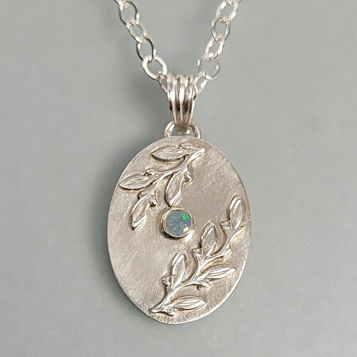 Opal Pendant Necklace with Leaves in Sterling Silver
