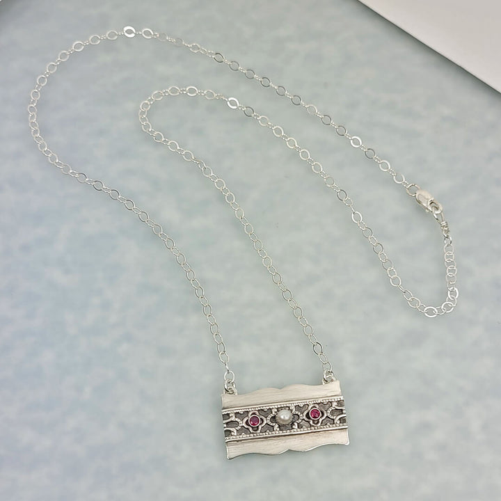 Edwardian Style Ruby and Pearl Bar Necklace in Sterling Silver