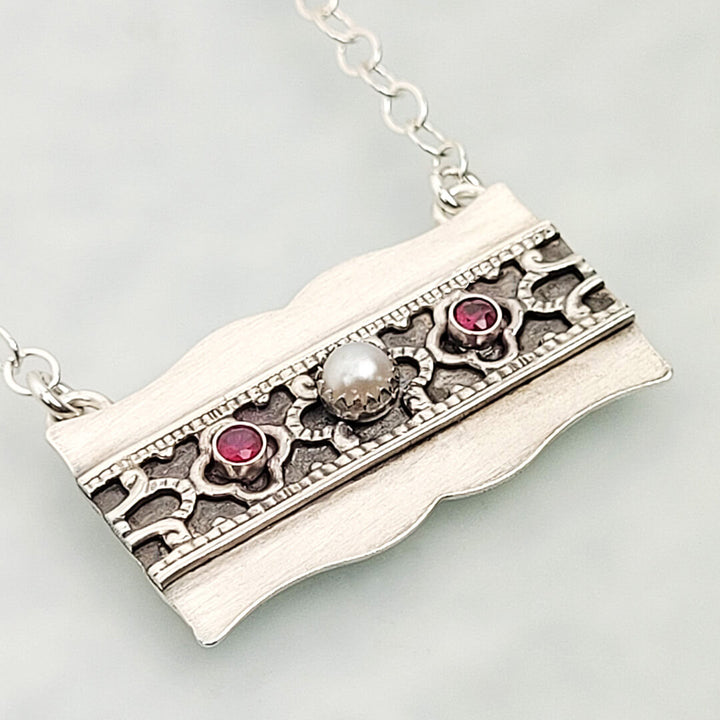 sterling silver bar necklace with pearl and rubies vintage style