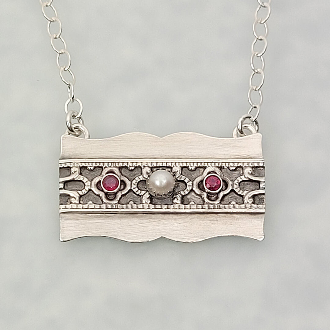 sterling silver bar necklace with pearl and rubies Edwardian style