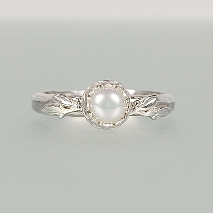 leaf pearl engagement ring in sterling silver