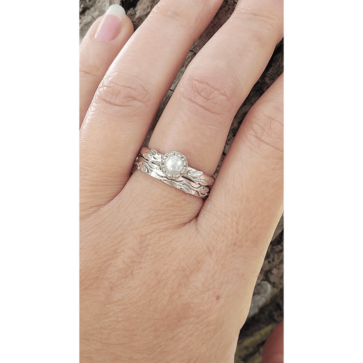 Pearl engagement ring with leaves and vine wedding band in sterling silver
