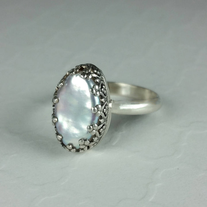 oval-shaped petal pearl cocktail ring in sterling silver