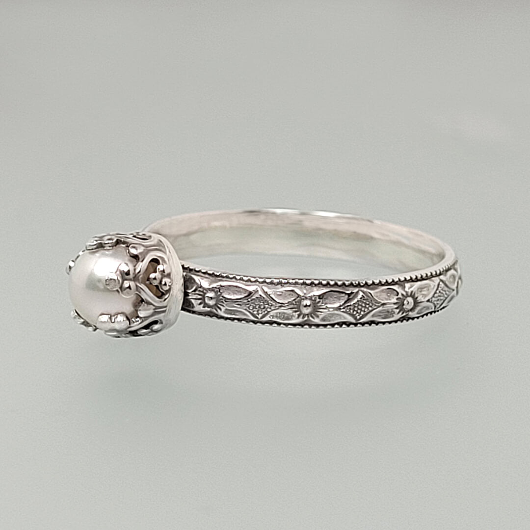 Edwardian vintage style dainty pearl ring in sterling silver