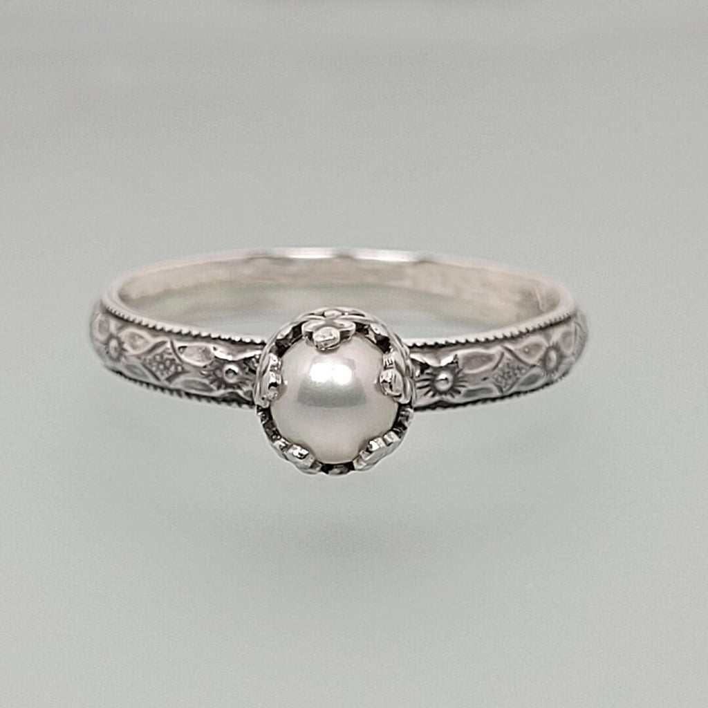 Edwardian Vintage Style Dainty Pearl Engagement Ring, Sterling Silver