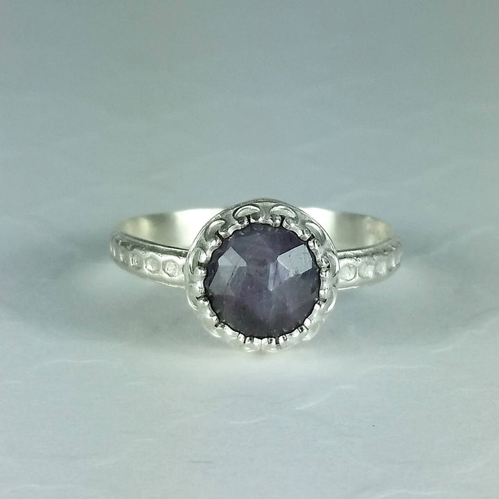 Rustic rose cut purple sapphire ring in sterling silver