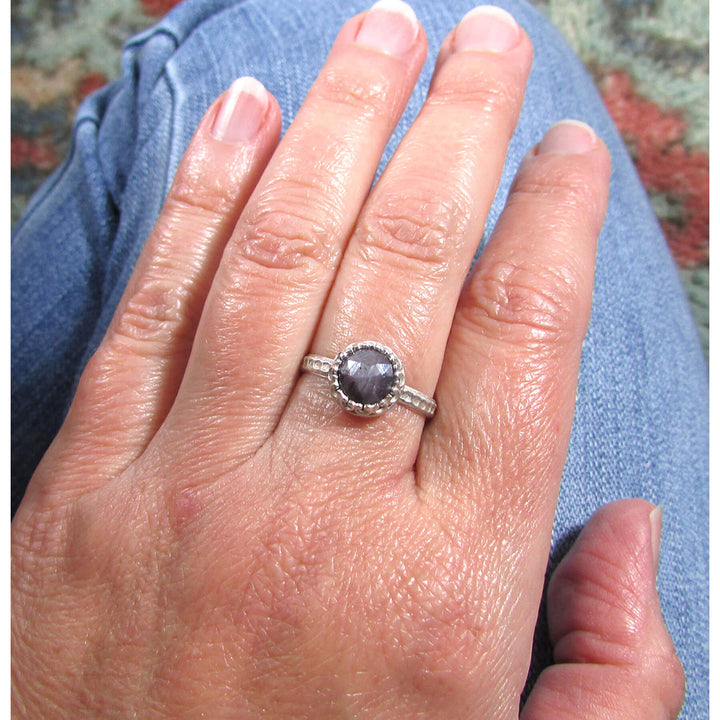 Rustic rose cut purple sapphire ring in sterling silver