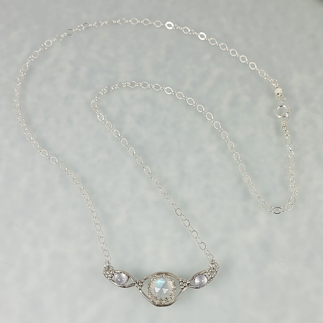 double infinity necklace with moonstone and blue chalcedony
