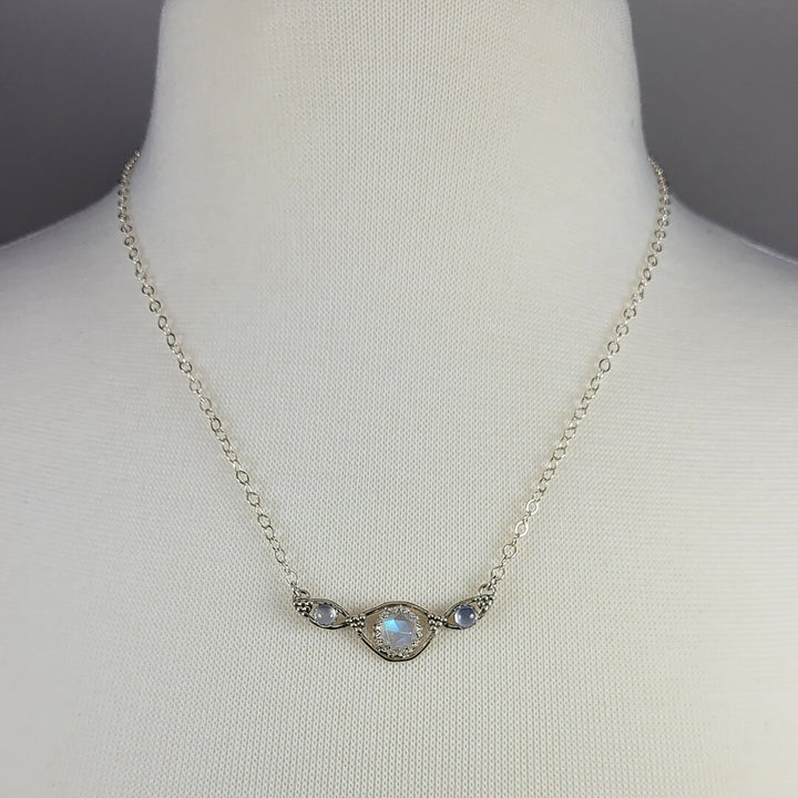 rainbow moonstone necklace with blue chalcedony