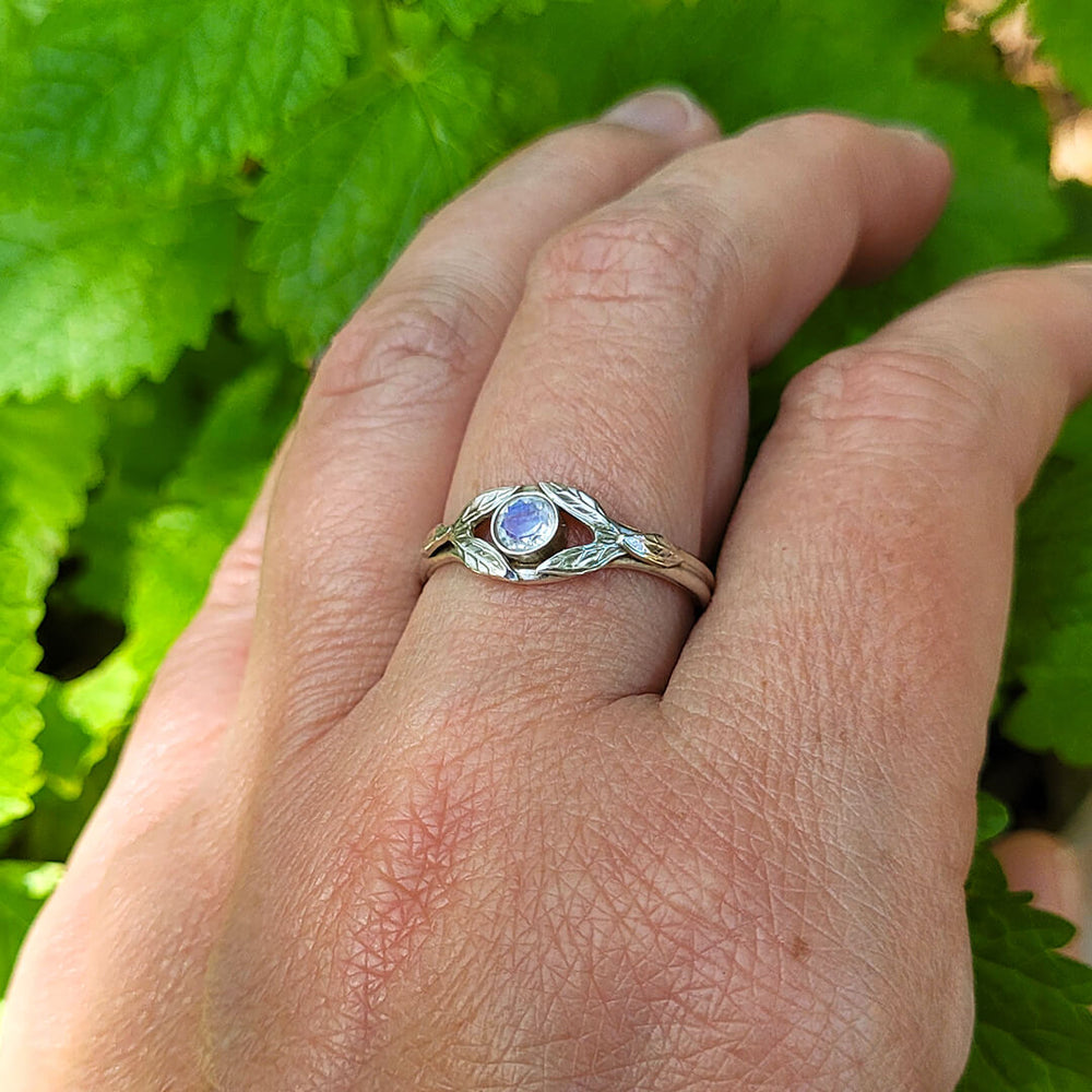 Rainbow Moonstone Ring with Leaves in Sterling Silver