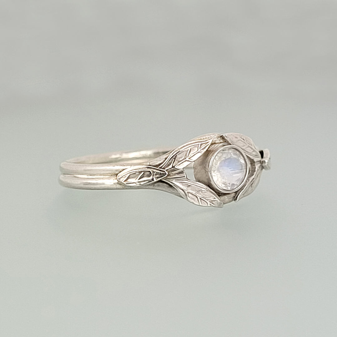 Rainbow Moonstone Ring with Leaves in Sterling Silver