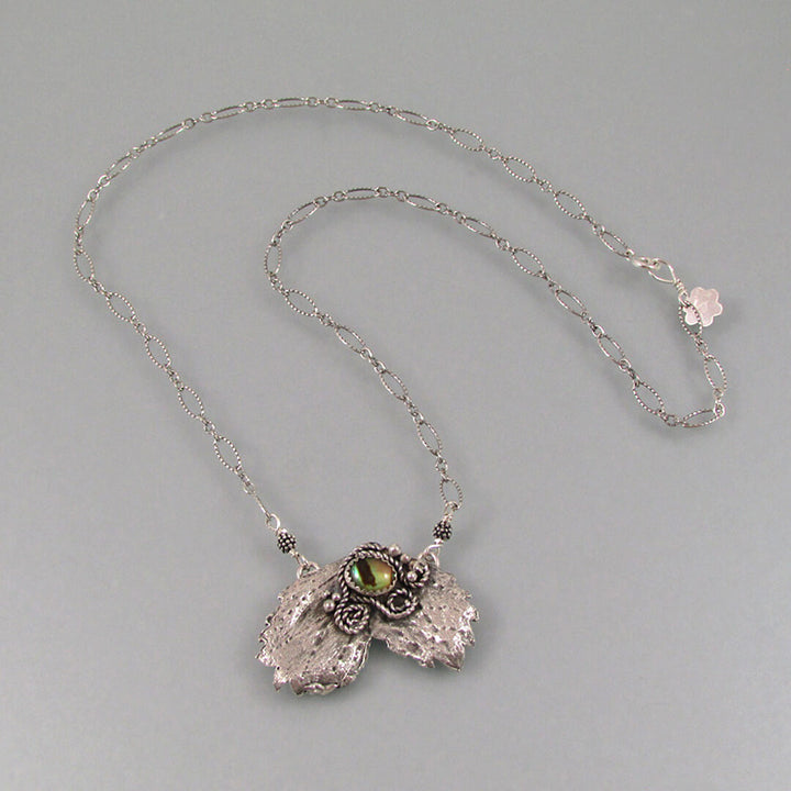 real leaves necklace with abalone in sterling silver