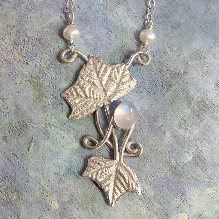 Leaf Necklace with Rainbow Moonstone 