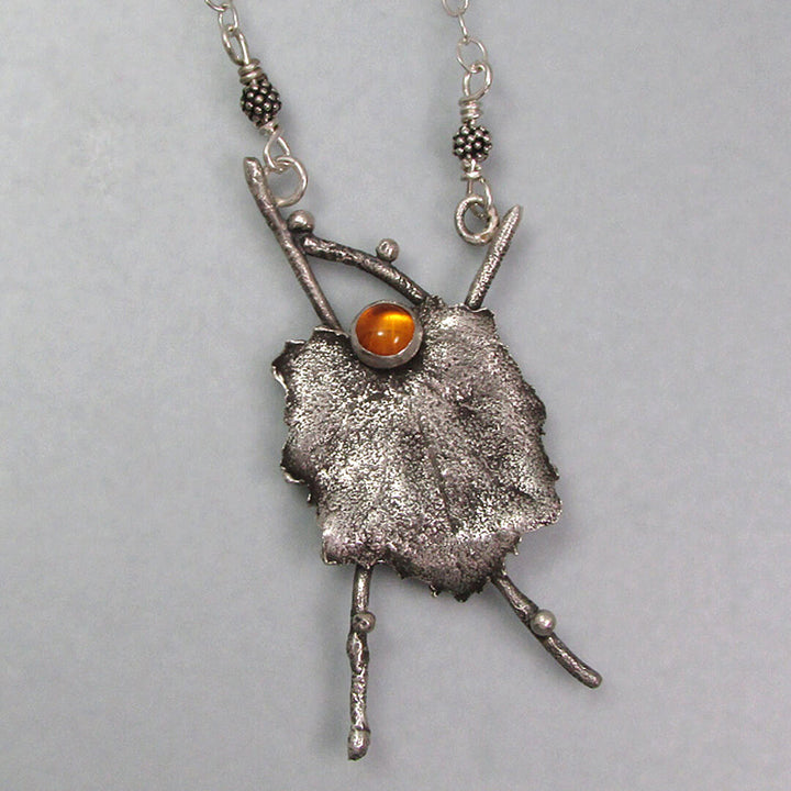 real leaf necklace in sterling silver with amber 