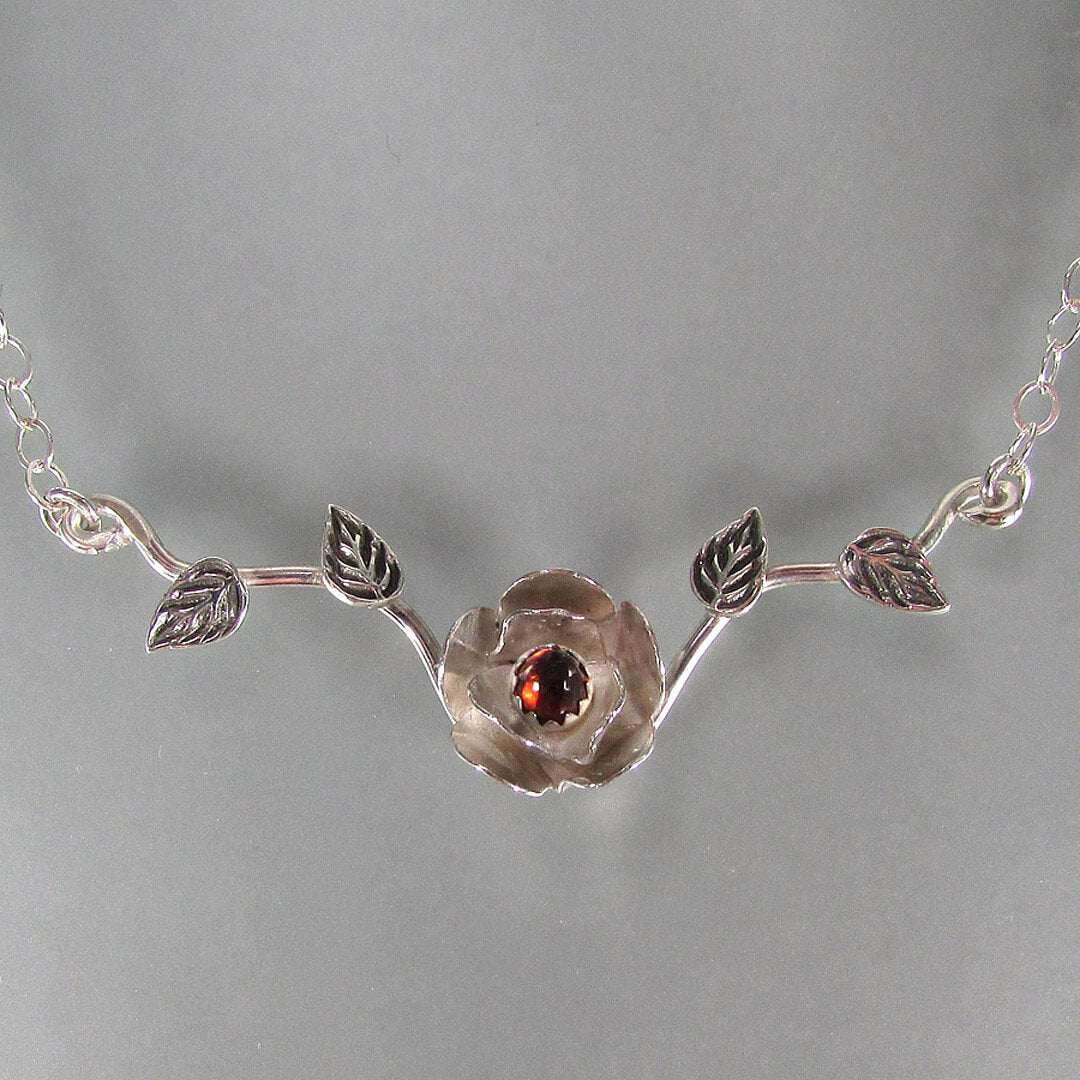 sterling silver rose necklace with garnet