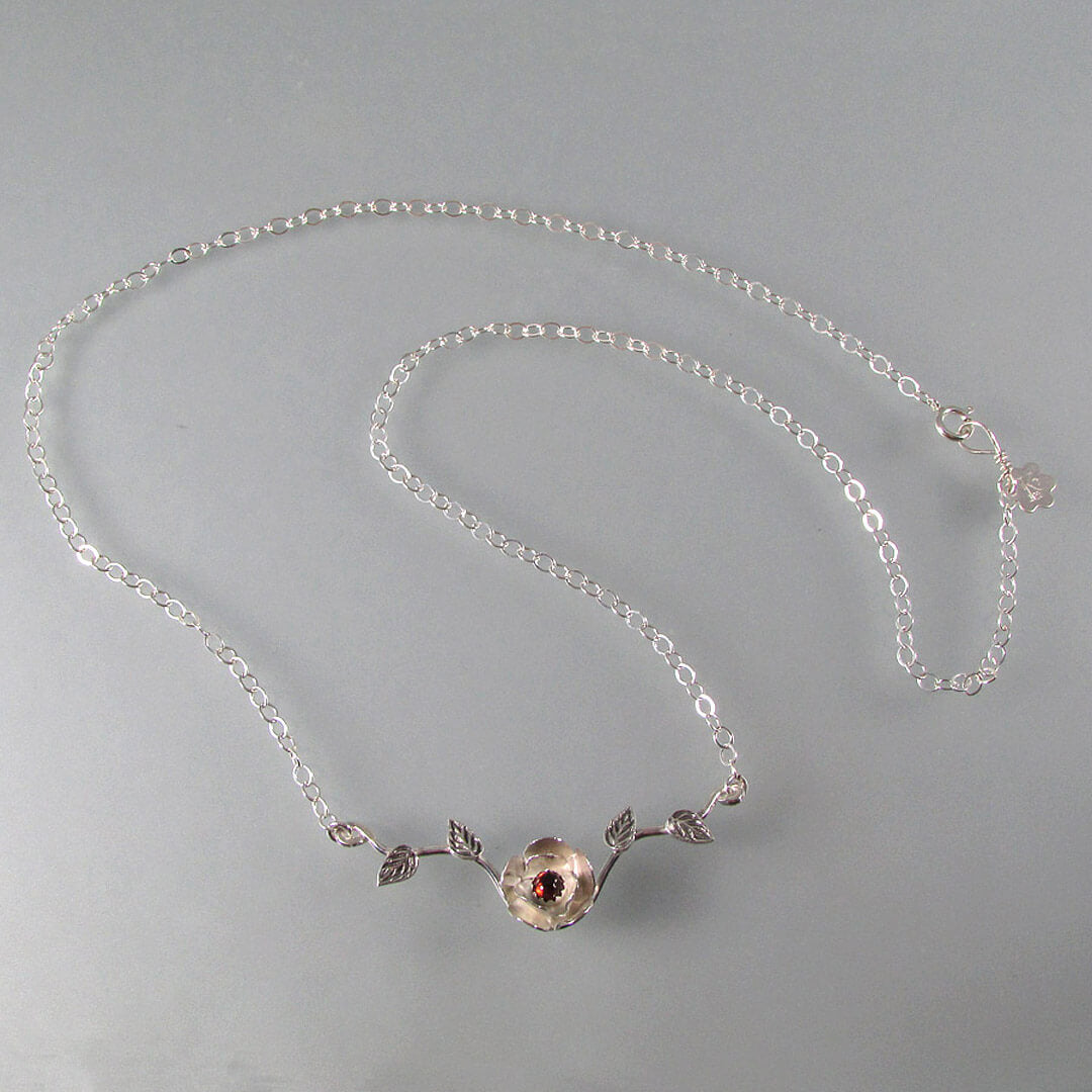 Sterling Silver Rose Necklace with Garnet on Rose Branch