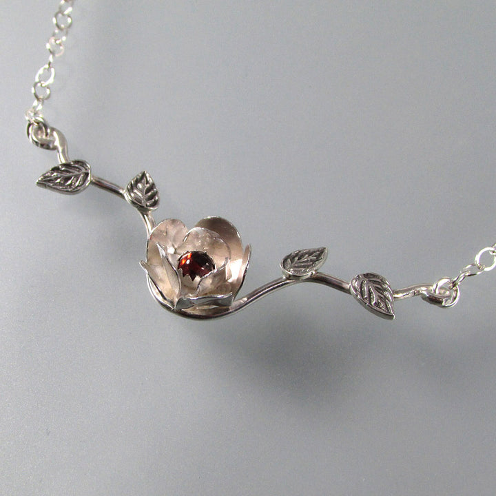 Sterling Silver Rose Necklace with Garnet