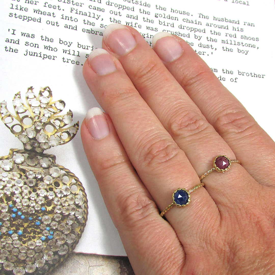 vintage style rose cut blue sapphire and ruby 14kt gold rings 