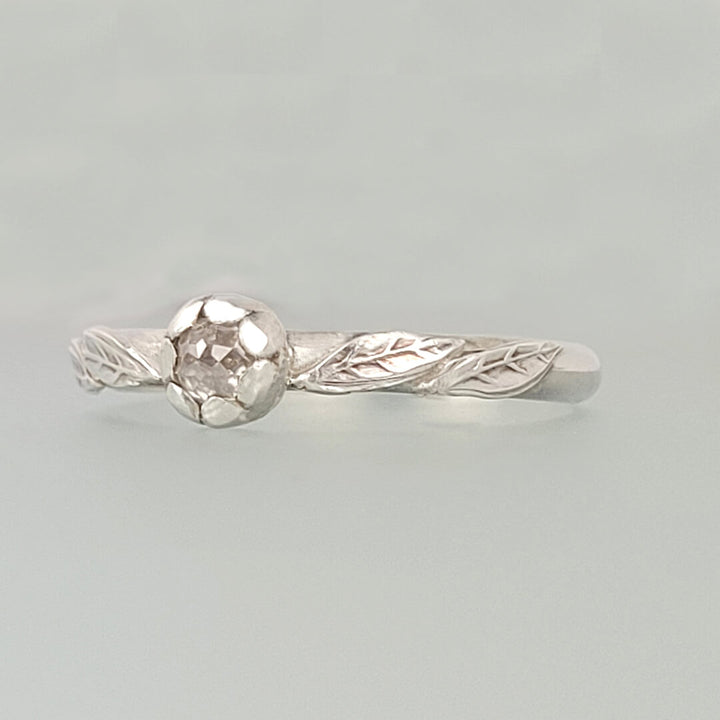 Leaf Engagement Ring with Rose Cut Diamond in Sterling Silver