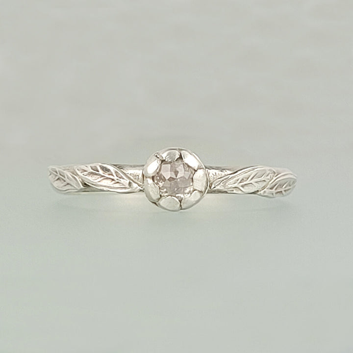 Leaf Engagement Ring with Rose Cut Diamond in Sterling Silver