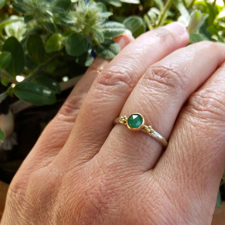 rose cut rustic emerald ring in sterling silver and 14kt gold