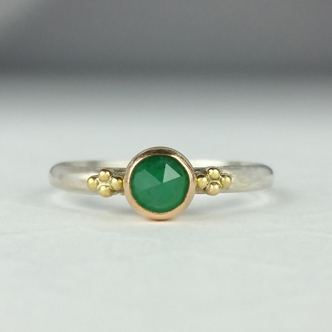 rose cut green emerald ring in sterling silver and 14kt gold