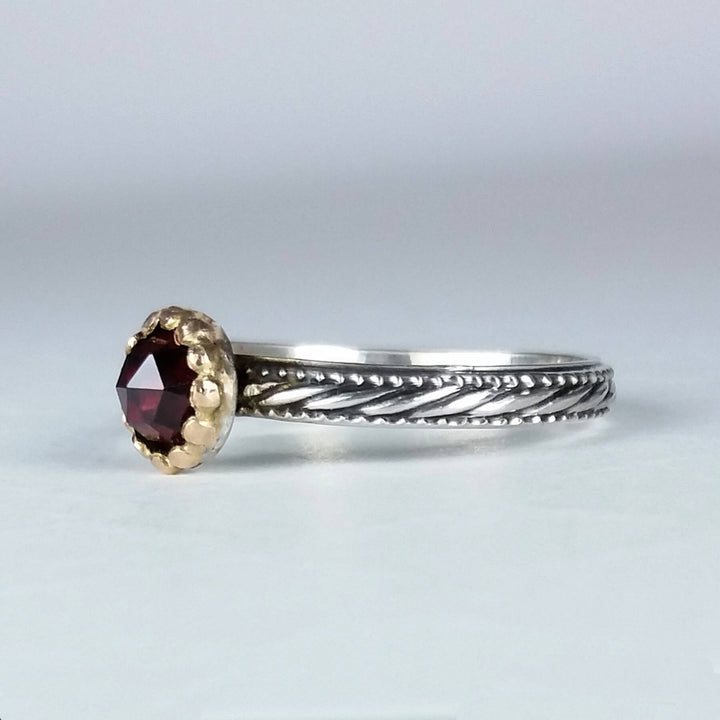 Rose cut garnet ring in sterling silver with 14kt gold bezel