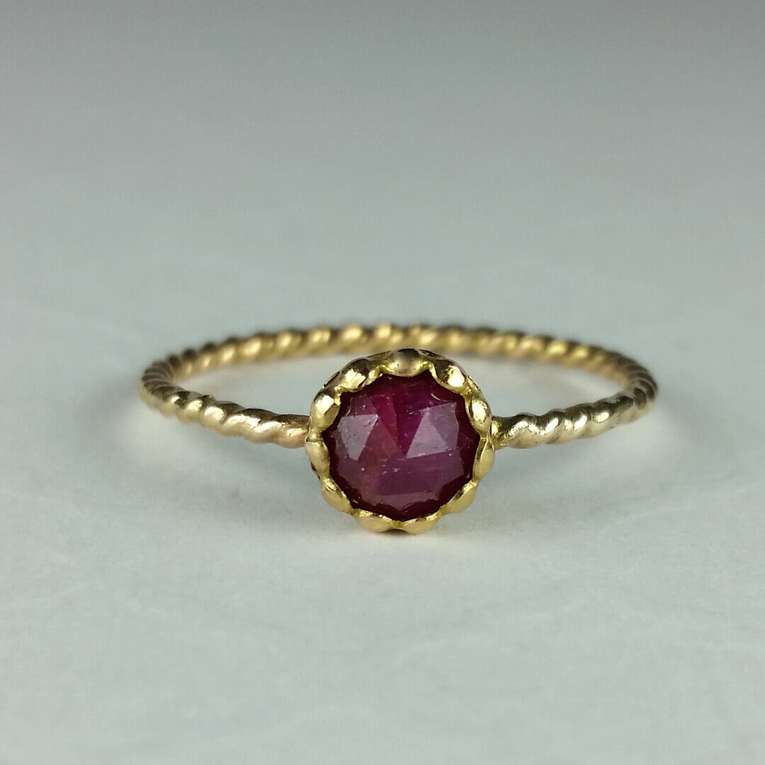 Rustic Rose Cut Ruby Ring in 14kt Yellow Gold with Rope Band