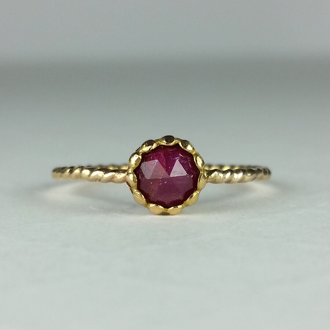 Rustic Rose Cut Ruby Ring in 14kt Yellow Gold with Rope Band