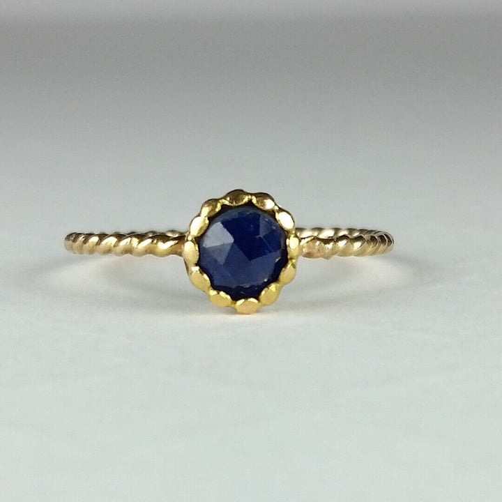 Rustic Rose Cut Blue Sapphire Ring with Rope Band in 14kt Yellow Gold