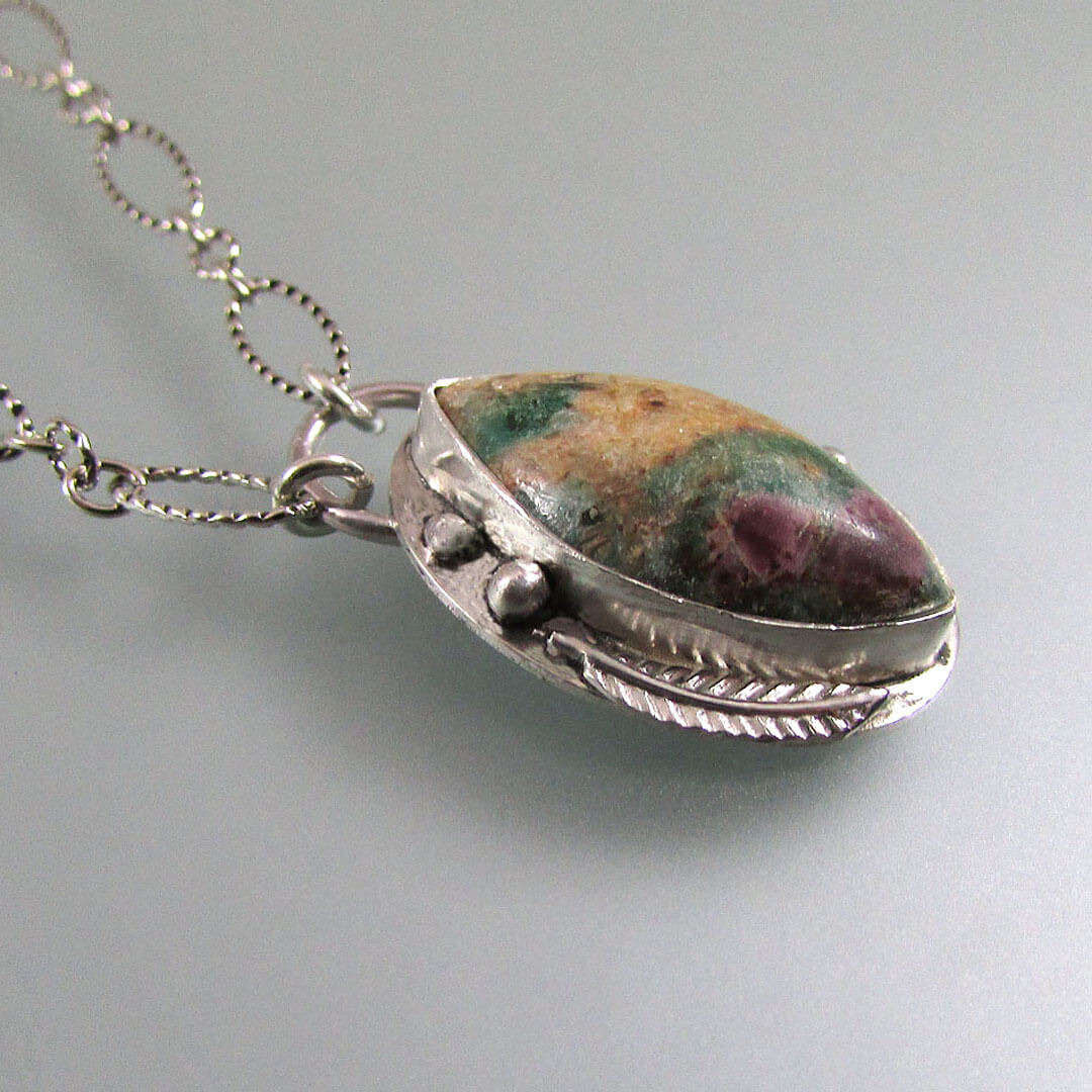 Leaf necklace with Ruby fuchsite  in sterling silver