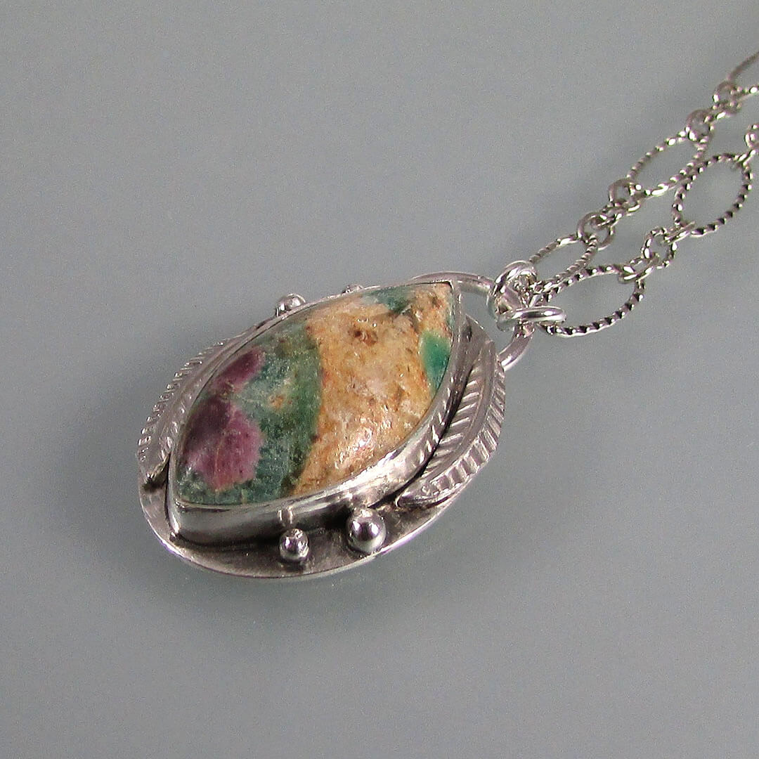 ruby fuchsite leaf necklace in sterling silver