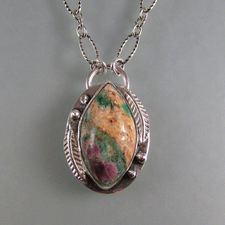 Leaf necklace with ruby fuchsite in sterling silver