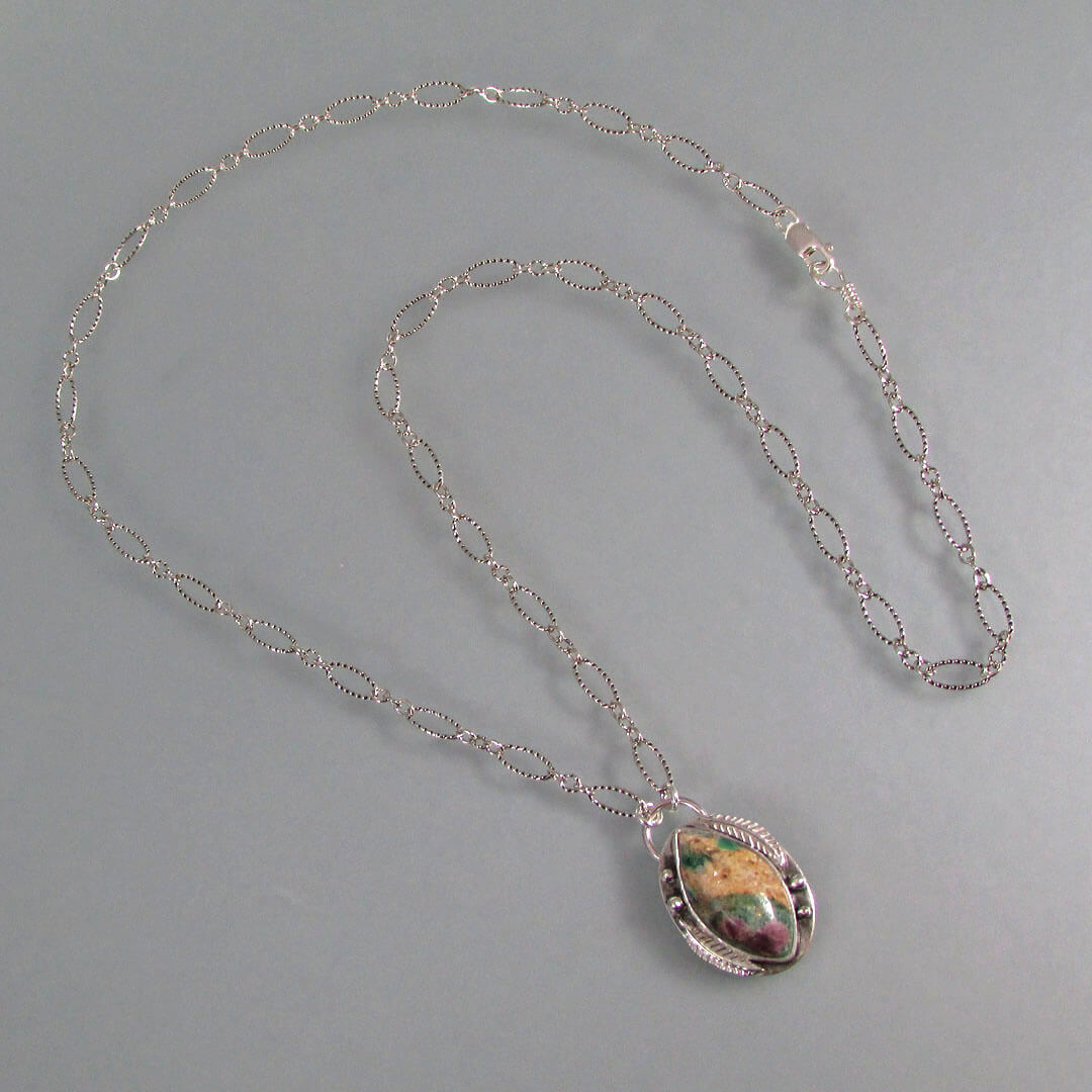 Ruby fuchsite nature inspired necklace with leaves in sterling silver