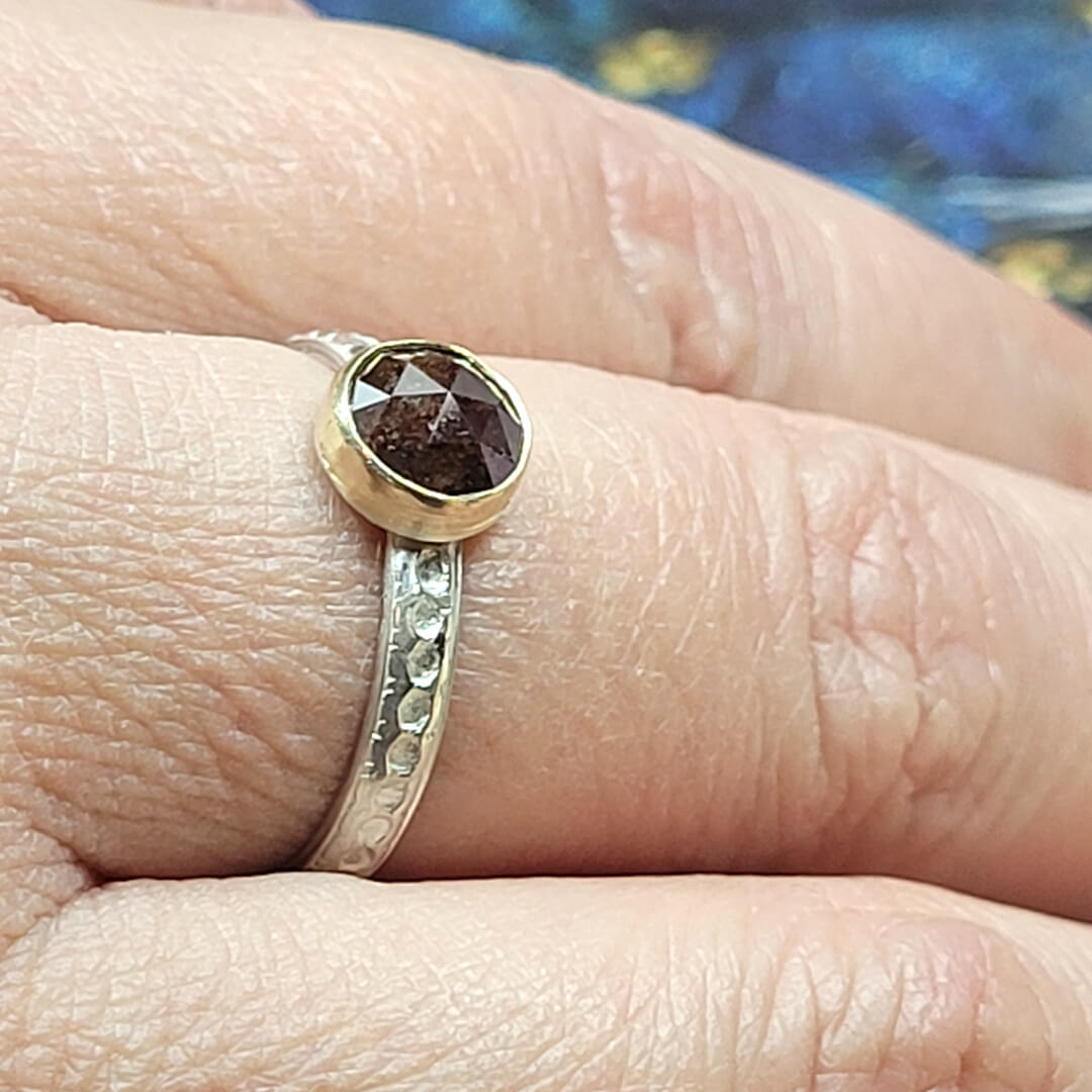 Rustic Chocolate Brown Diamond Ring with 14kt Gold Bezel on Dotted Sterling Silver Band