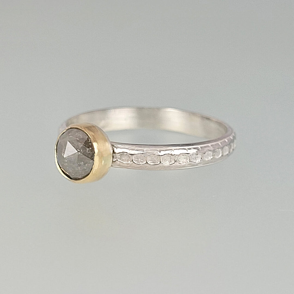 Rustic Gray Diamond Ring with 14kt Gold Bezel on Dotted Sterling Silver Band