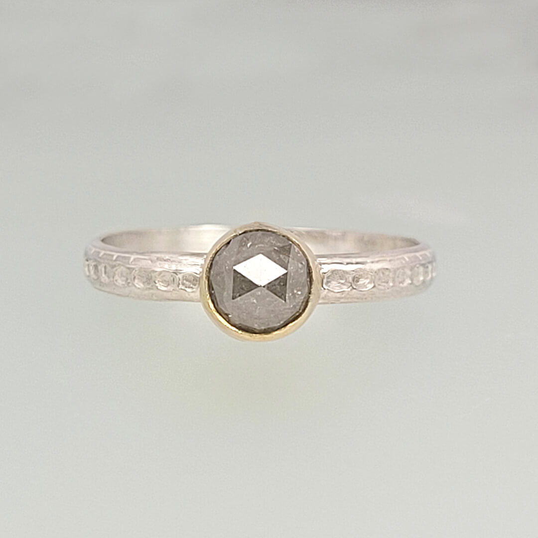 Rustic Gray Diamond Ring with 14kt Gold Bezel on Dotted Sterling Silver Band