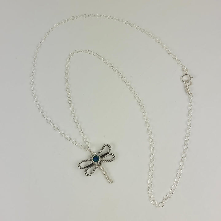 silver dragonfly necklace with opal