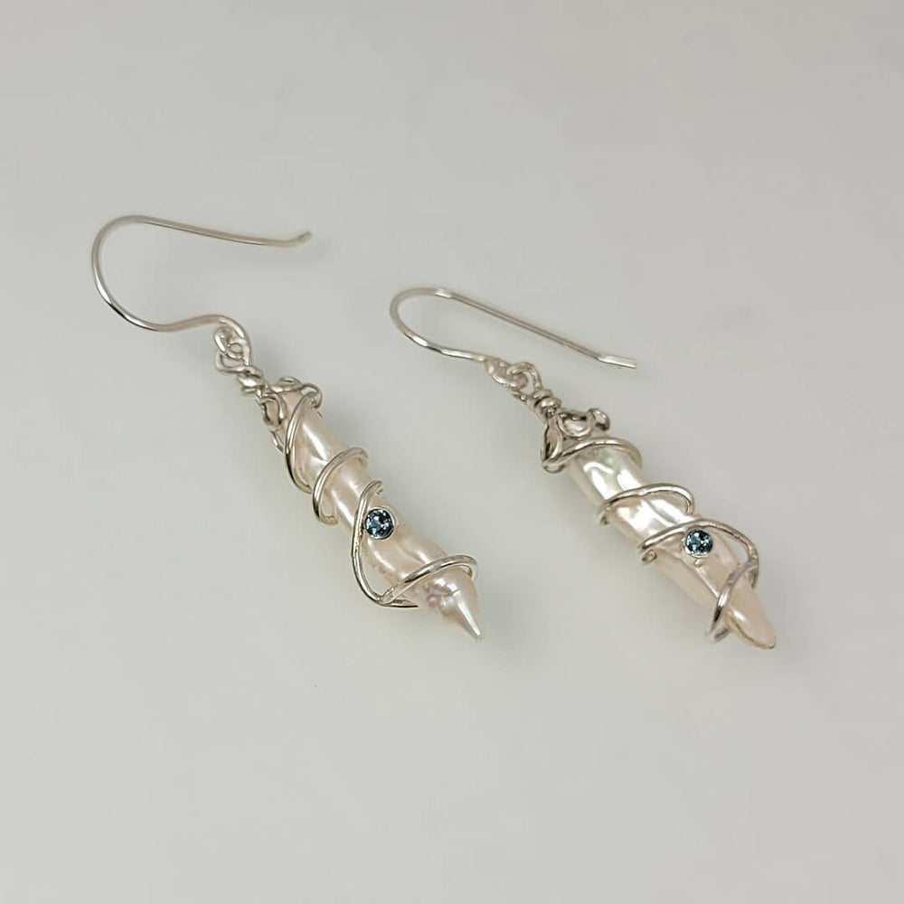 stick pearl earrings in sterling silver with London blue topaz