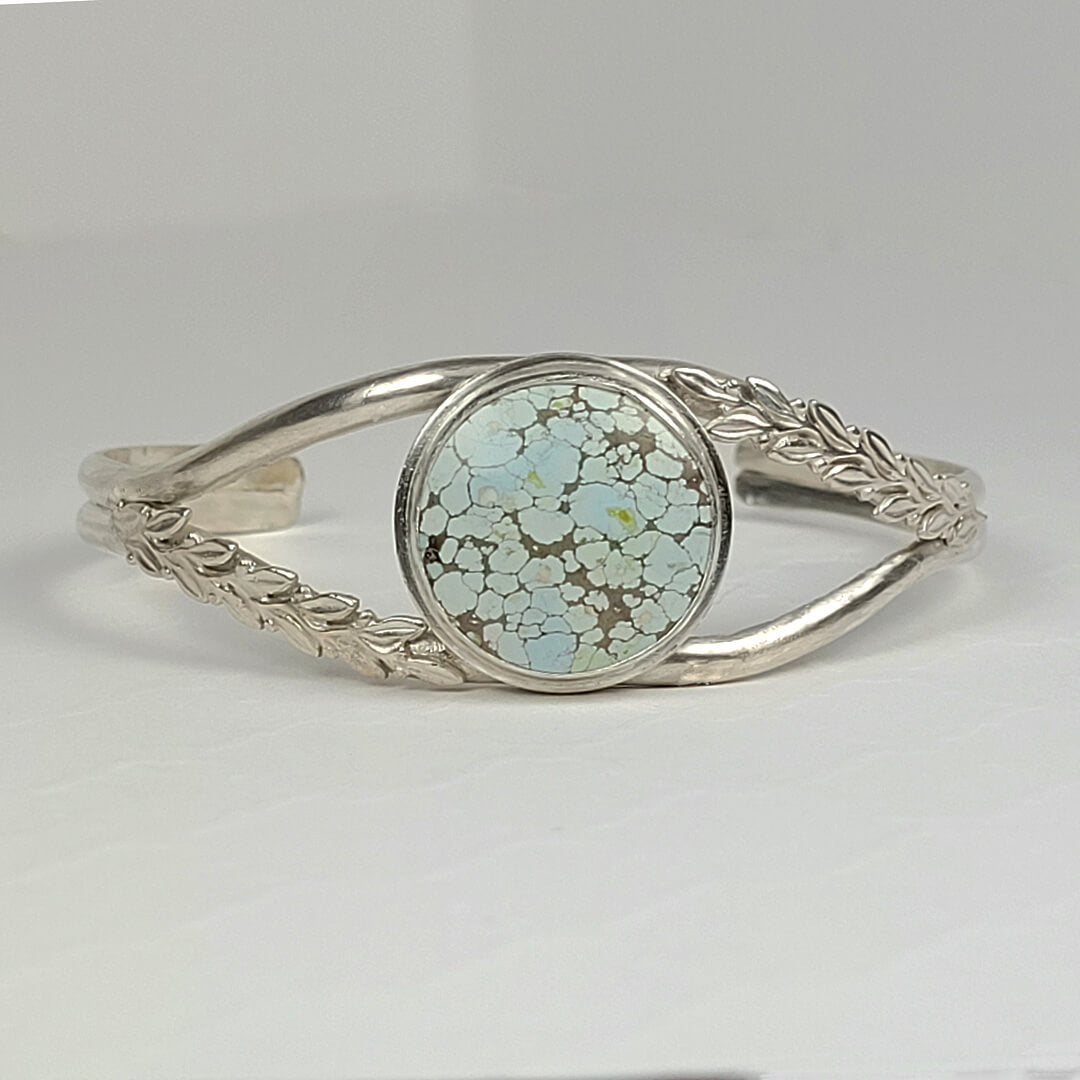 turquoise cuff bracelet with leaves in sterling silver