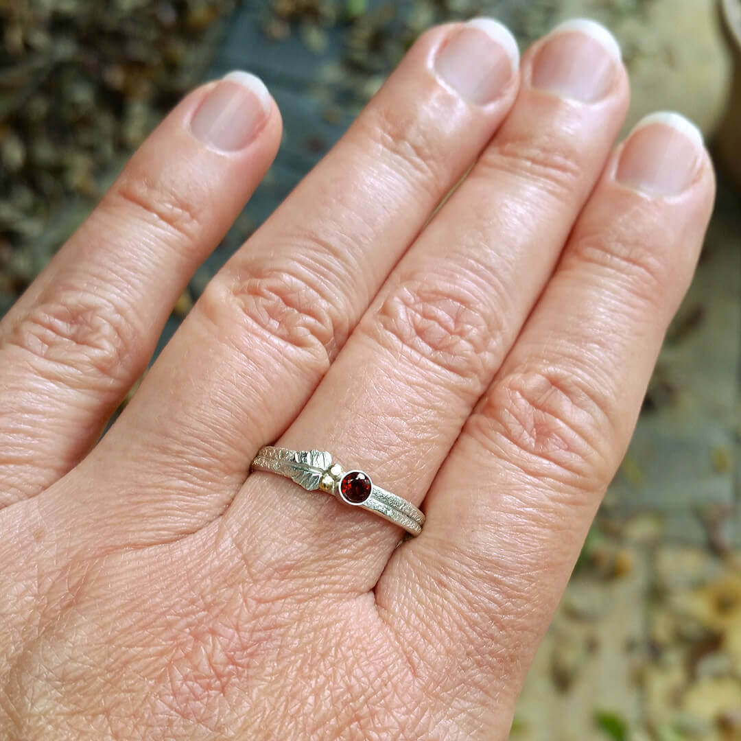 Twig and Leaf Ring with Garnet in Sterling Silver and 14kt Gold 