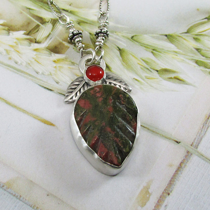 Unakite leaf necklace in sterling silver