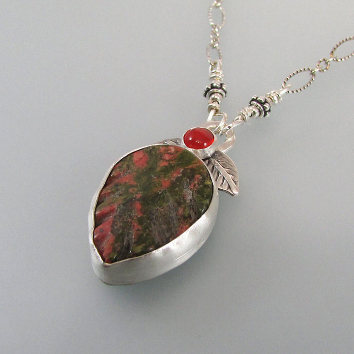 Sterling silver leaf necklace with unakite and carnelian