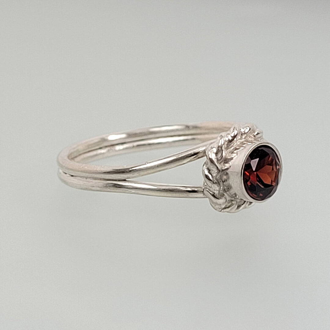 Art Deco Inspired Garnet Split Shank Vintage Style Ring in Sterling Silver
